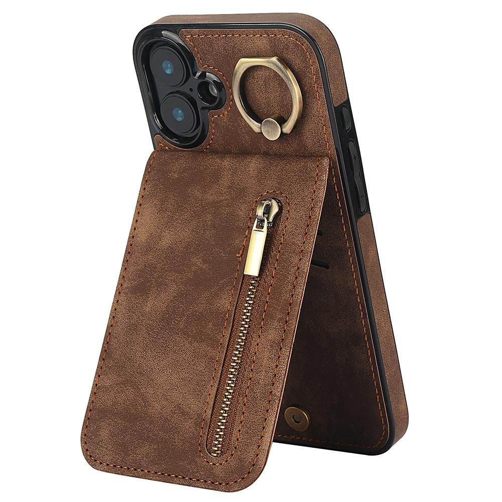

For iPhone 16 Case RFID Blocking Ring Kickstand Retro Leather+TPU Anti-Fall Phone Cover Brown