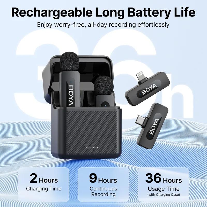 Microfono lavalier wireless BOYA BY-V3 con clip, microfono ricaricabile con cancellazione del rumore per iPhone, Android, fotocamera, live streaming, vlogging