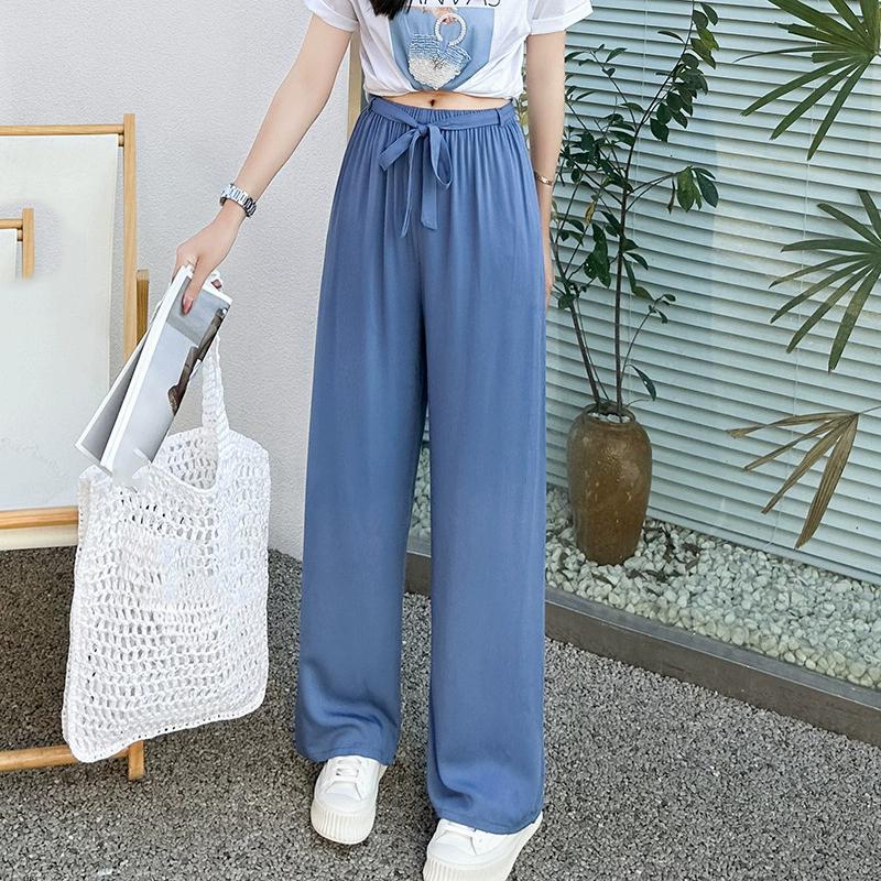 Pantaloni de pijama din bumbac mătase pentru femei, secțiune subțire de vară, anti-țânțari, pantaloni cu picior lat, culoare uni, pentru exterior, casă, petrecere a timpului liber, imprimeu, pantaloni de plajă până la genunchi