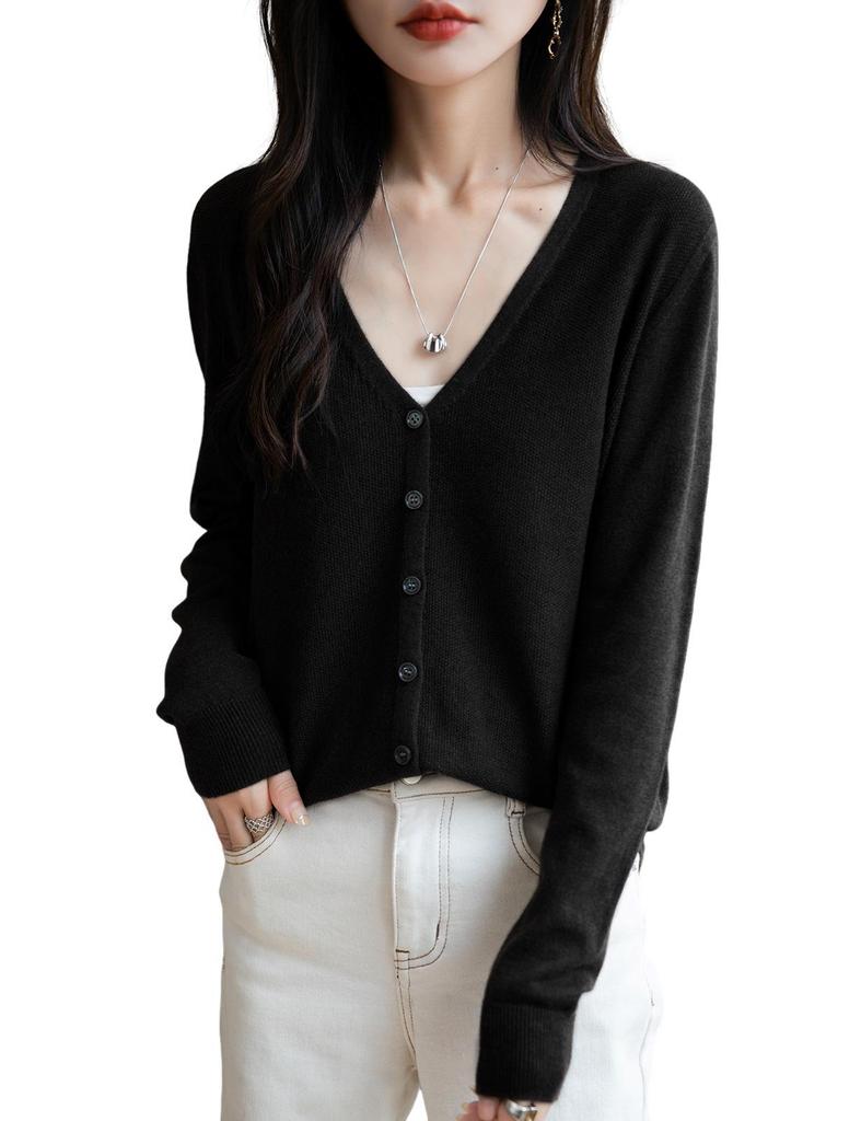 Women's Loose Fit Wool V-Neck Long Sleeve Cardigan Sweater