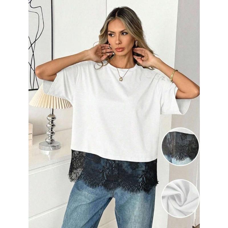 Summer Lace Splicing Loose Women's T-shirt New Round Neck Fashion Blouse Solid Color Tees Short Sleeve Elegant Office Long Tops Female Basic Clothing