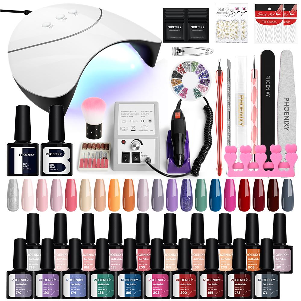 

PHOENIXY 20 цветов гель-лака для ногтей Pure Color Polish Poly Nail Gel Soak Off Gel с УФ-светодиодной лампой 36 Вт Набор маникюрных инструментов для начинающих и профессионалов