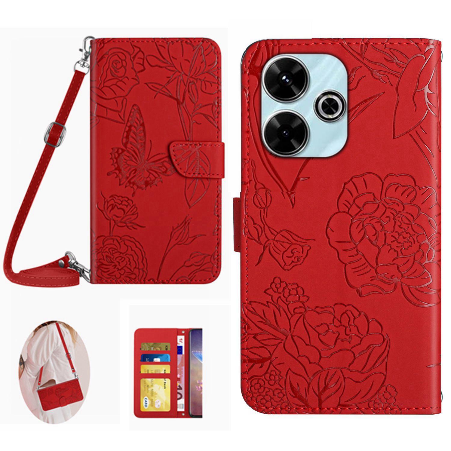 

HT03 For Xiaomi Redmi 13 5G/13 4G Case Butterfly Flowers Imprint Leather Flip Phone Cover Red