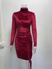 Winter Suede High Neck Dress Female Long Sleeve Sexy Tight Fitting Hip Party Dress