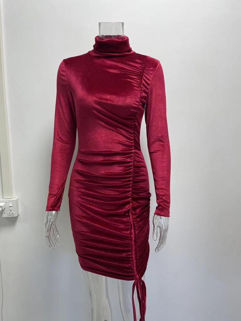 Winter Suede High Neck Dress Female Long Sleeve Sexy Tight Fitting Hip Party Dress