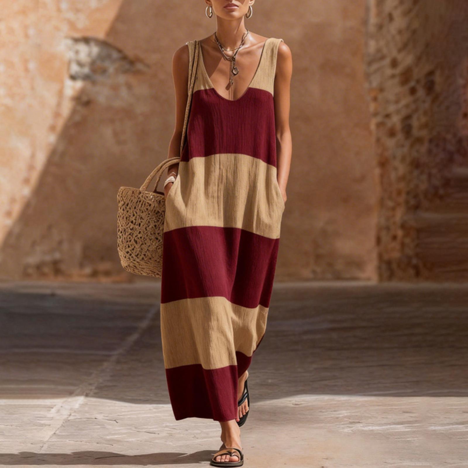 

Sleeveless Vintage Long Dress Retro Off Shoulder Casual Summer Vacation Maxi Dress Simple Loose Fit Beach Dress for Women M