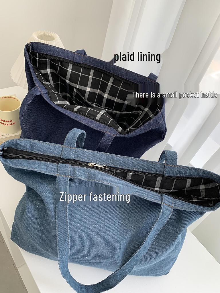 Light Blue One-Shoulder Canvas Bag - Large Capacity, Unisex, Korean Style, Zip Closure