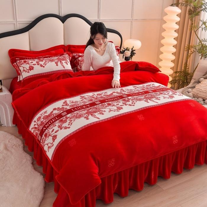 Thickened Milk Fleece Four-Piece Warm Double-Sided Coral Fleece Quilt Cover Flannel Sheet Bed Skirt Bedding