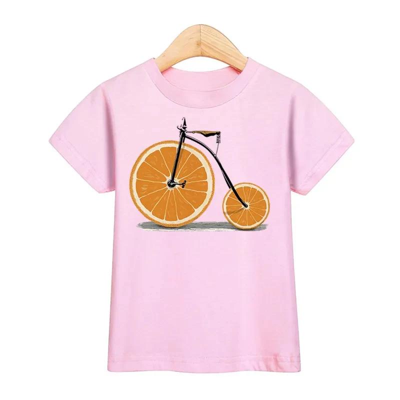 Children 2026 New Summer Tshirt Fruit Bicycle Funny Shirt Boys Girls Cartoon Tops Short Sleeve Tees