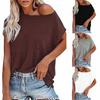 Women Summer Solid Color O-neck Off Shoulder Short Sleeves T-shirt with Pocket
