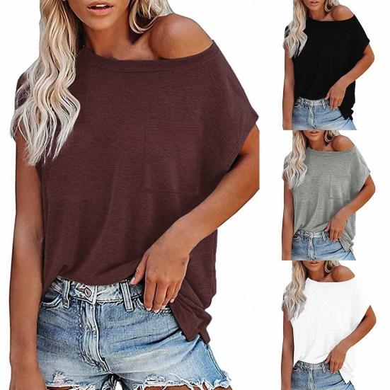 Women Summer Solid Color O-neck Off Shoulder Short Sleeves T-shirt with Pocket