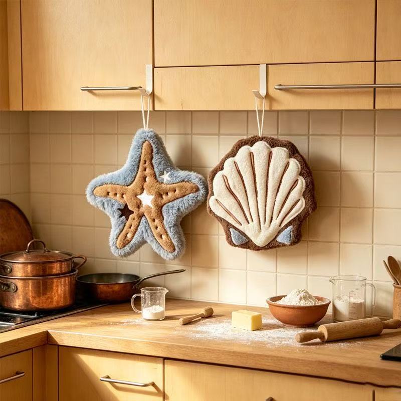 Creative starfish shell hand towel for hanging, household use, coral fleece thick and absorbent kitchen cloth hand towel