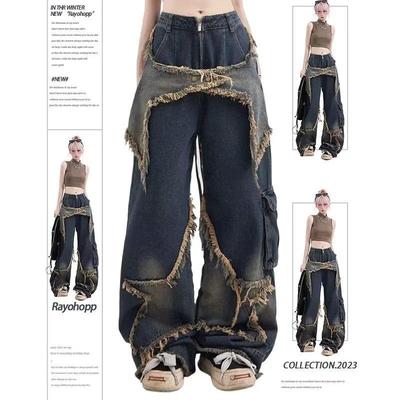 Men's Wide-Leg Retro Jeans with Pentagram Design - Distressed, Raw Edges, Big Pockets