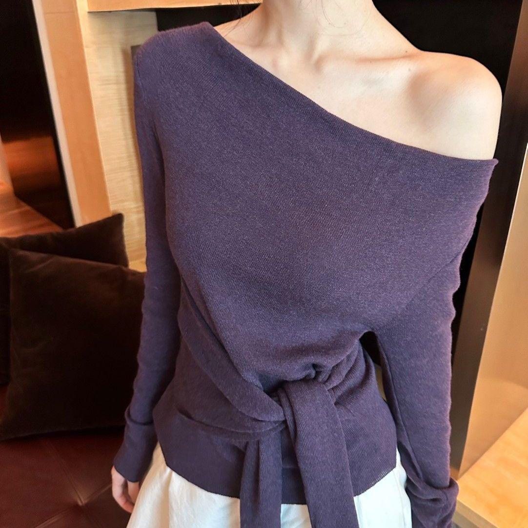 

Фиолетовая футболка с неровным вырезом на одно плечо, длинными рукавами и завязкой на талии - корейский осенне-зимний стиль для женщин One Size фиолетовый