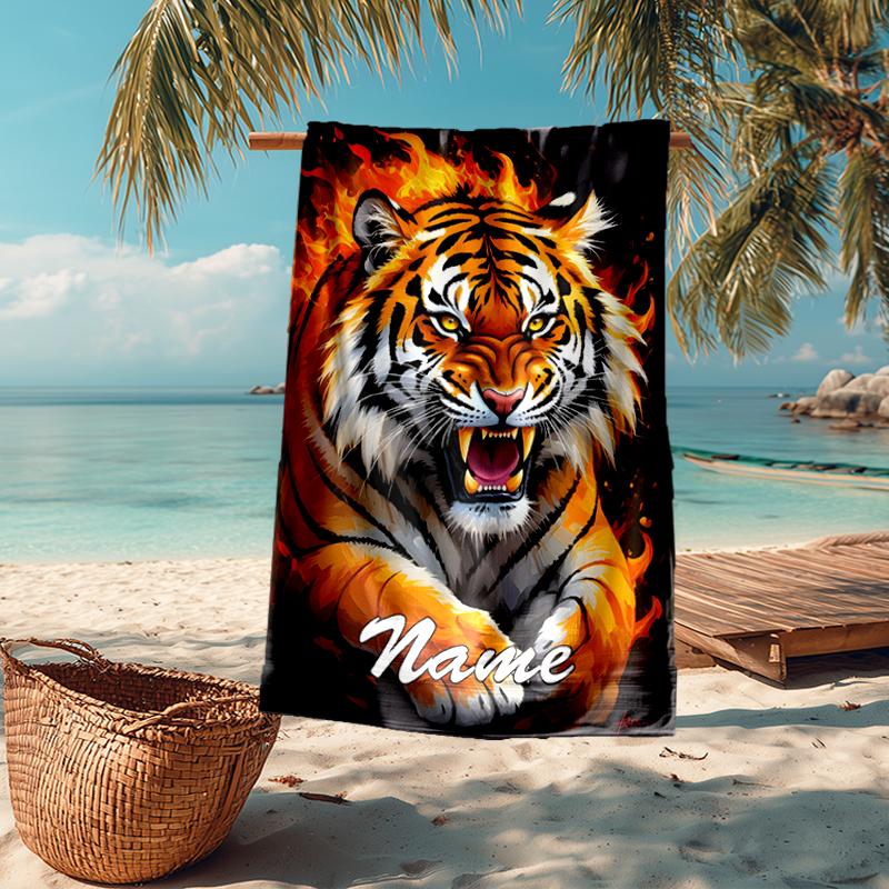 Custom Name Ultra-Soft Beach Towel with Tiger Theme,Ideal for Pool - Camping, Diving - Perfect Travel Essential, Vibrant Beach Towel.