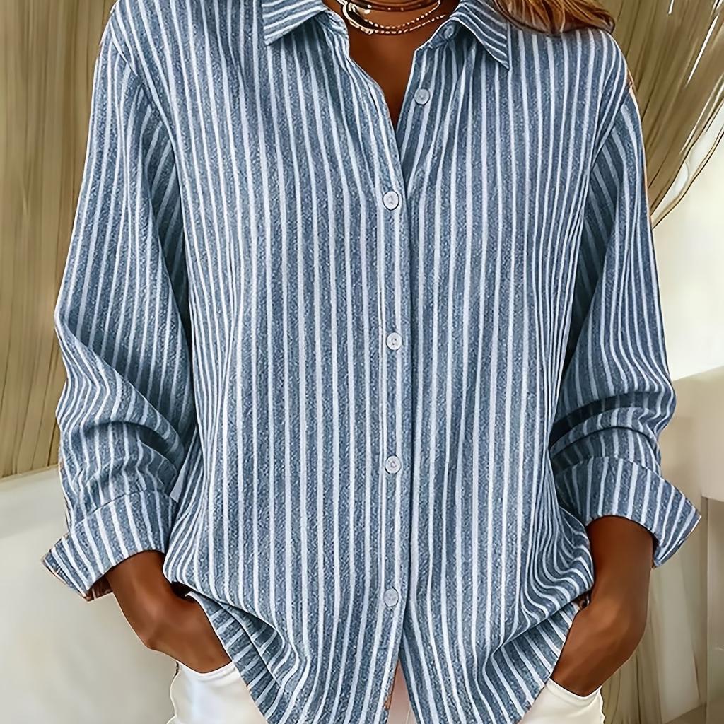 Casual fashionable striped print women's large size loose and light buttoned long-sleeved shirt cardigan top