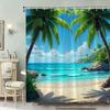 1Pc Tropical Beach Scene Shower Curtain - Vibrant Palm Trees, Ocean Waves, And Sunlit Sand, Ideal For Bathroom Decor