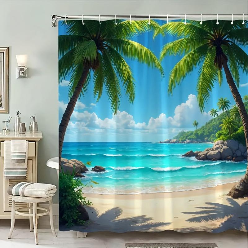 1Pc Tropical Beach Scene Shower Curtain - Vibrant Palm Trees, Ocean Waves, And Sunlit Sand, Ideal For Bathroom Decor