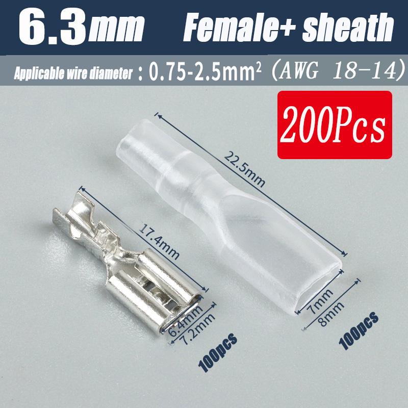 200Pcs Copper Female and Male Crimp Terminal Connectors Aautomotive Speaker Cable Flag Connector 2.8/ 4.8/ 6.3mm With Sheathing