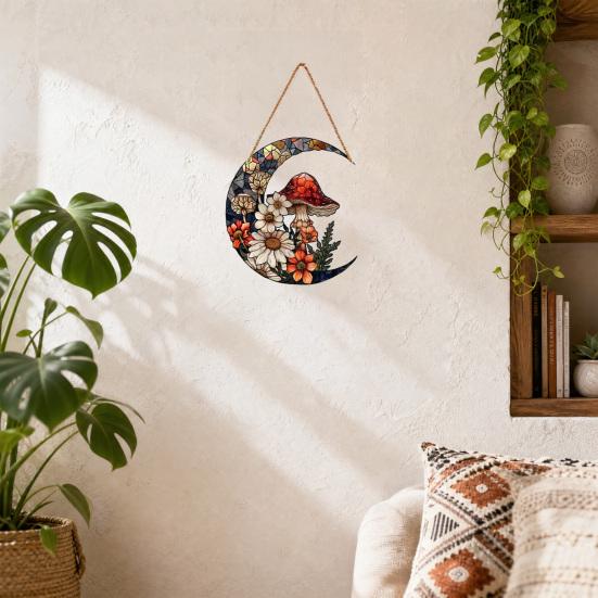 Yousheng Crescent Moon Acrylic Suncatcher with Mushroom Wildflowers, Stained Glass Effect Window Hanging Decor for Indoor Outdoor Home Garden Decor,