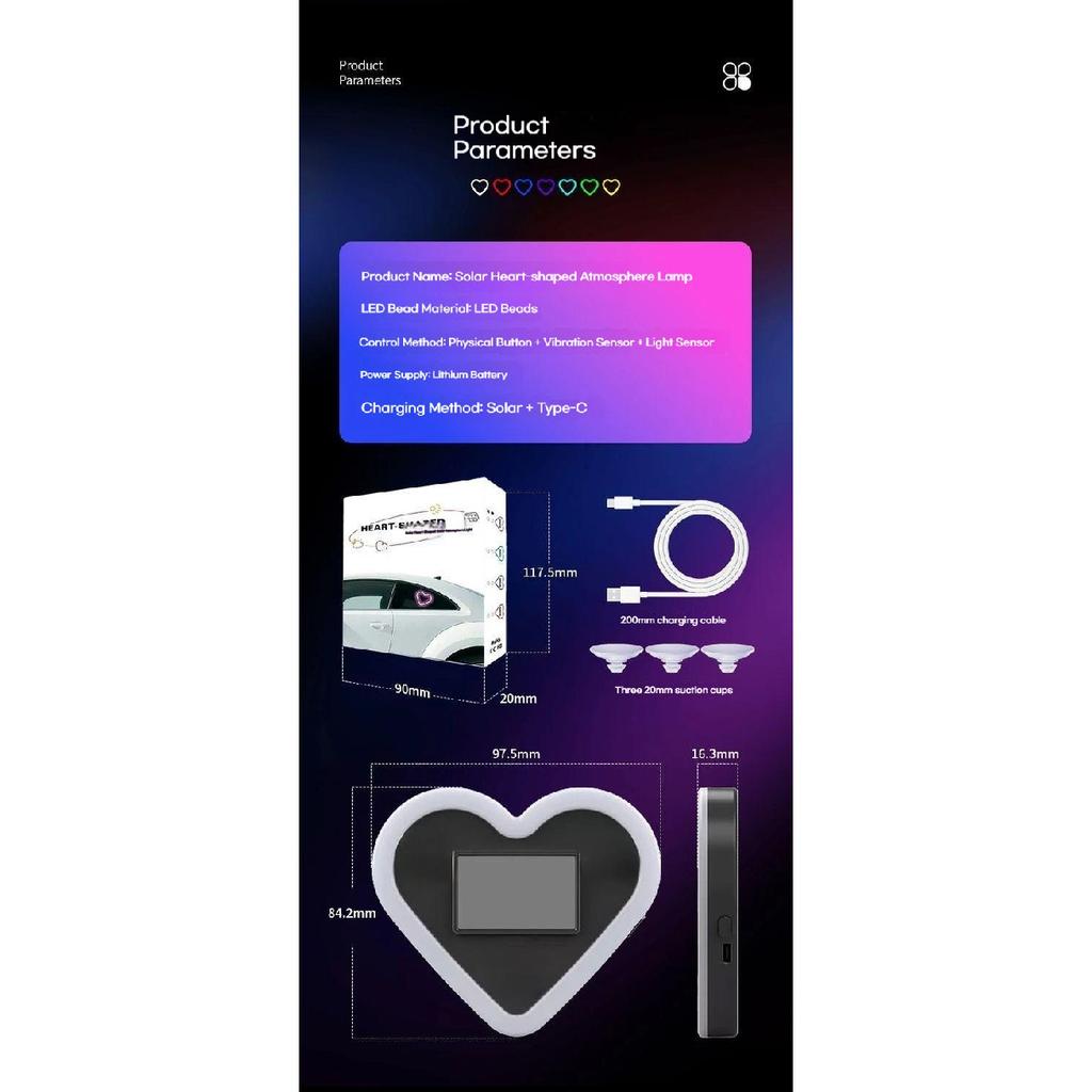 Car Heart-shaped Lights Solar-powered Decorative Lights Colorful LED Warning Lights Triangular Window and Rear Window Decorat