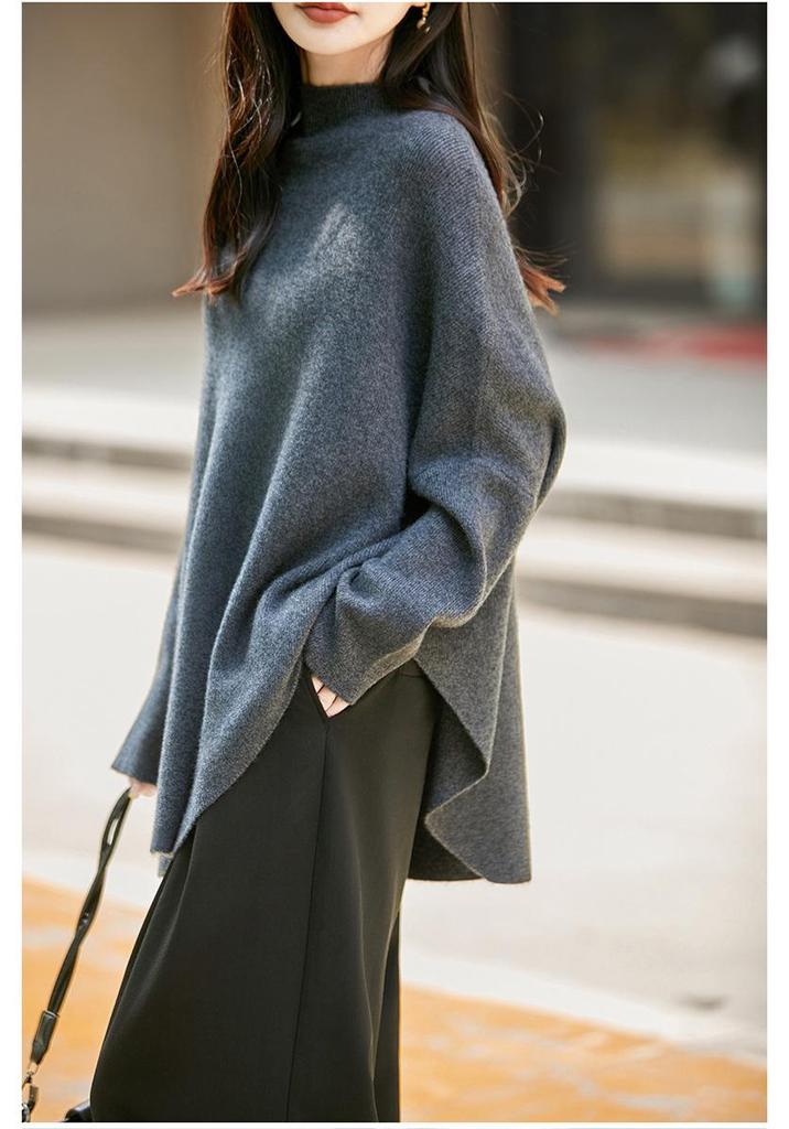 Women's 100% Wool High Neck Shawl Cape Sweater - Loose Fit, Cozy Autumn/Winter Pullover