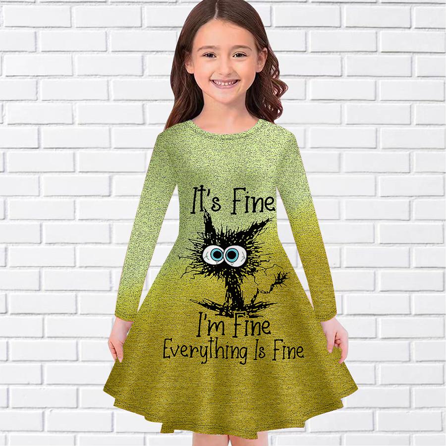 Girl Casual Gradient English Cat Print Round Neck Long Sleeve Dress Kid Princess Dress