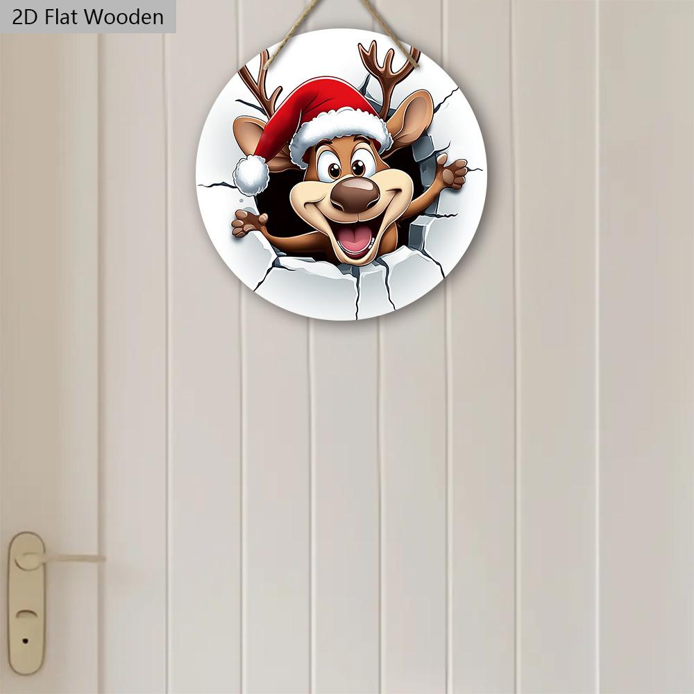 Cartoon Elk Christmas Wooden Sign - Navidad Round Artwork for Front Door, Wall Hanging Decor - Ideal Christmas Decoration