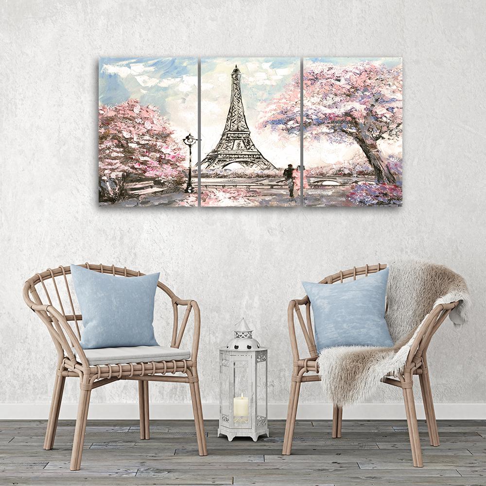 Třídílný obraz na plátně Eiffelova věž pastelově růžová