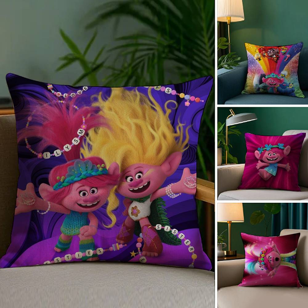 T-TrollsS Cartoon Pillow Case Plush Linen Soft Double Sided Printed Design Throw Cushion Decorative Home