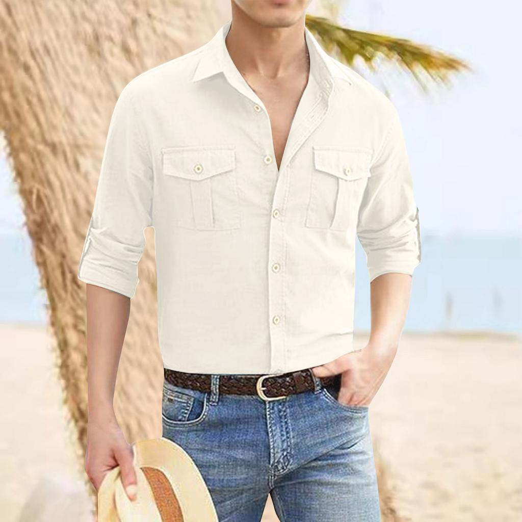 Shirt Double Pocket Cotton Linen Long Sleeve Men's Casual Holiday Shirt