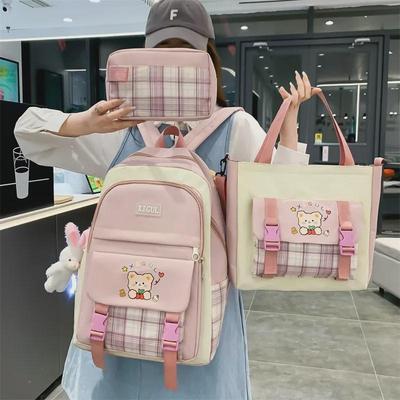Large Capacity Plaid School Backpack Set for Girls: Korean & Japanese Style