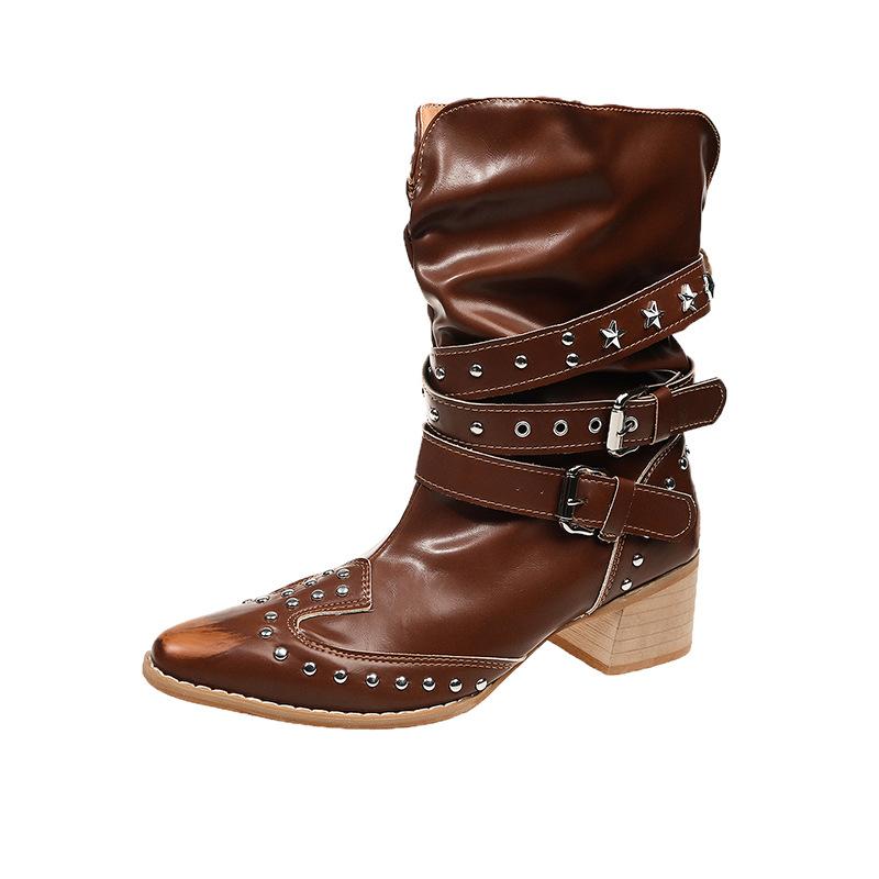 Female pointed European and American style boots fashion boots versatile autumn new rivet thick heel height increase thin short boots