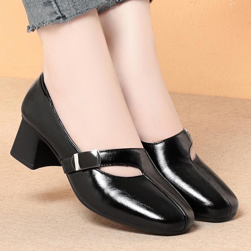 Módní lehké boty s otevřeným nártem, měkká podrážka, matka, silný podpatek, módní kožené boty pro střední věk, elegantní, pohodlné