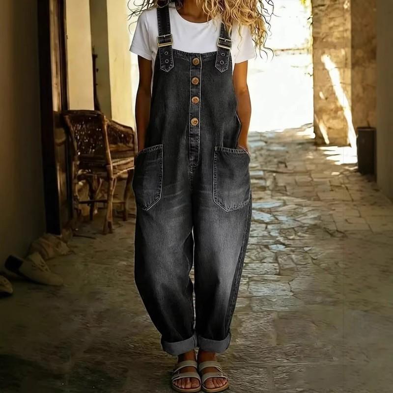 Womens Relaxed Fit Denim Overalls With Adjustable Buckle Straps Vintage Washed Loose Style