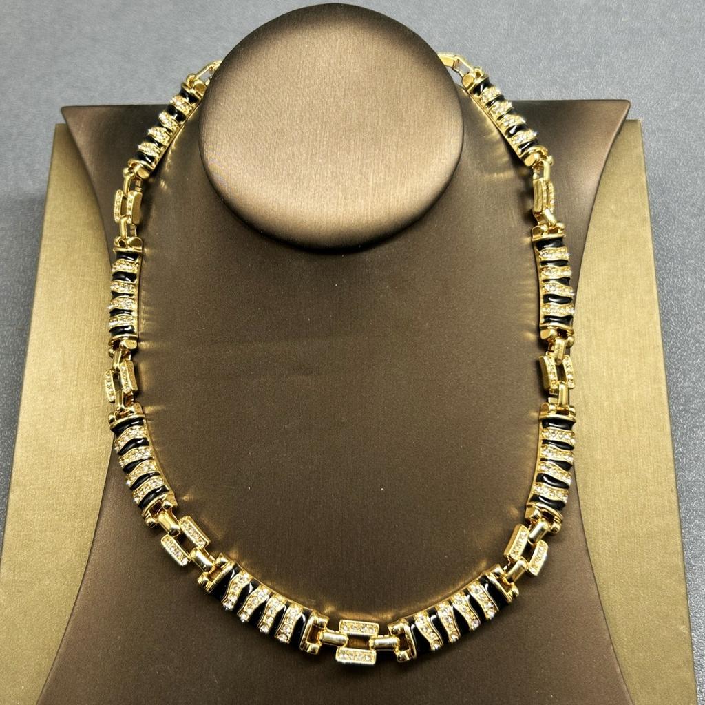 Medieval Vintage Heavy Industry Retro Electroplated Real Gold Necklace Set, Leopard Print Black Gold Enamel Necklace With Diamond Stud Earrings