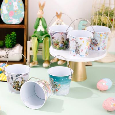 1/2/3/4/5/6Pcs Happy Easter Bunny with Handle Easter Rabbit Decorative Large Capacity Metal Bucket Candy Gift Storage