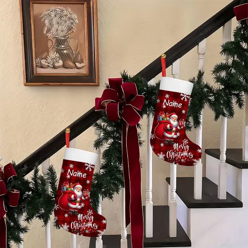 Santa Claus Snowflake Plaid Large Christmas Stocking with Hanging Rope