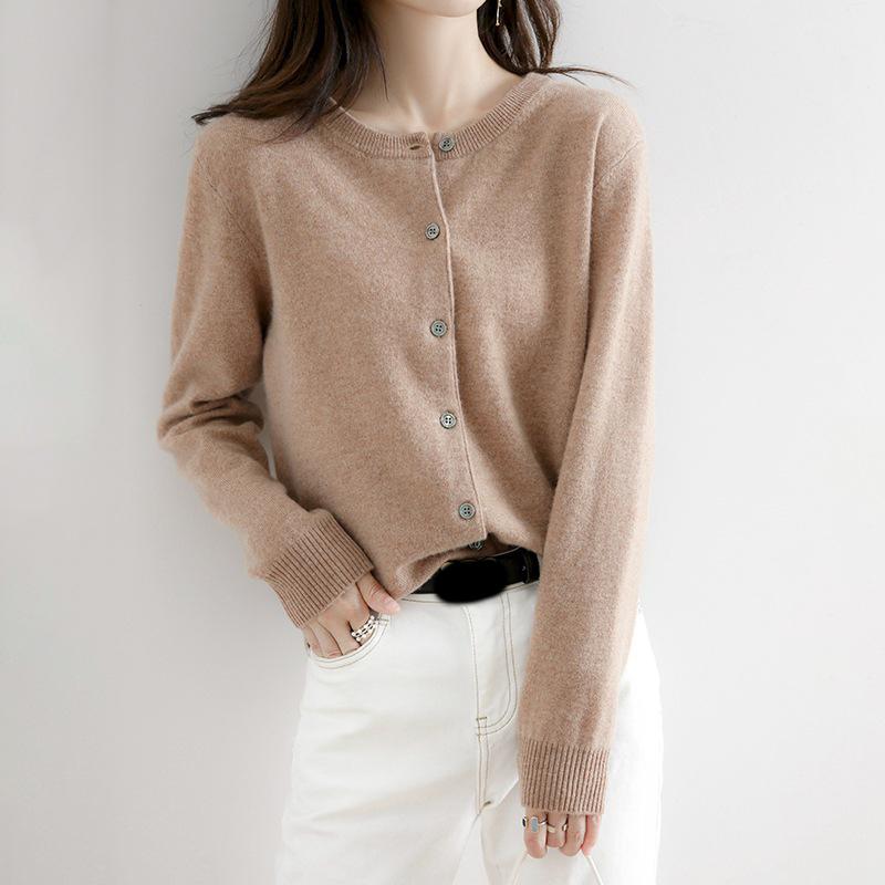 Women Single Breasted Chic Cardigan Fashion Solid Color Long Sleeve Round Neck Autumn Winter Sweater Casual Office Lady Jumpers