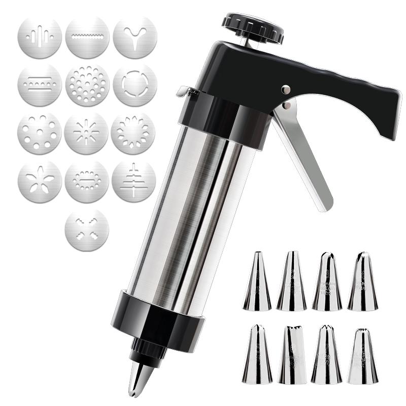 

Stainless Steel Cookie Press Gun Kit With 13 Molds & 8 Icing Tips Biscuit Maker/Cake Decorating Tool Set For Baking чорний