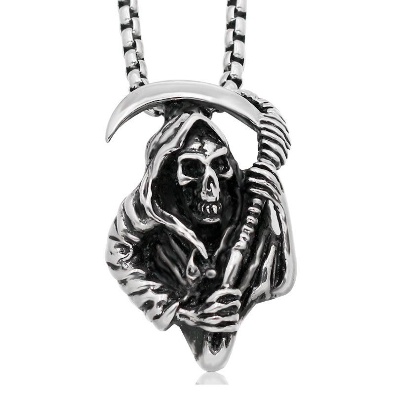 2023 Japanese & Korean Skull Scythe Pendant Necklace - Titanium Steel Punk Style for Men