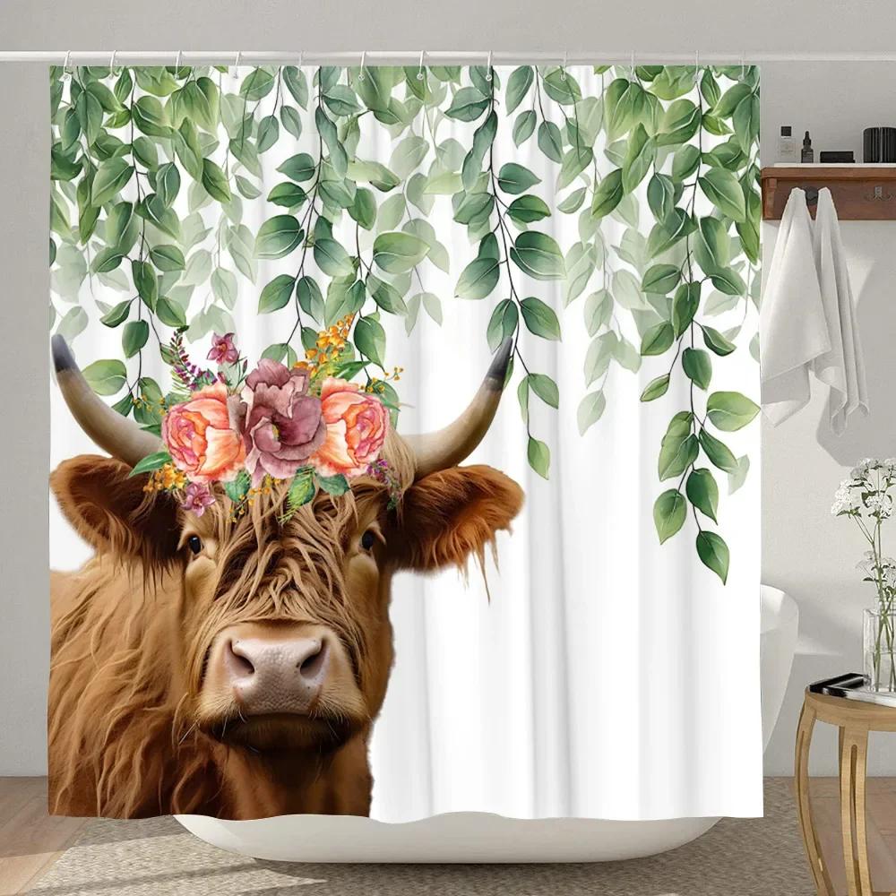 Highland Cow Shower Curtain Farmhouse Funny Bull Rustic Western Watercolor Spring Florral Cute Animal Plant Kids Bathroom Decor