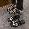 Women's 2024 Summer Square Toe Canvas Plaid Flat Sole Roman Sandals