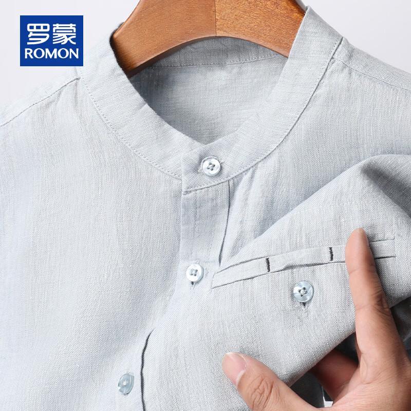 ROMON Men's 100% Linen Stand Collar Short Sleeve Shirt