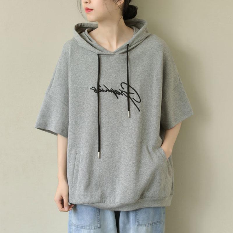 Store Størrelser Dame Kortermet Sommer Hettegenser Koreansk Stil Løs Casual Hettegensere Oversized T-skjorter Topper