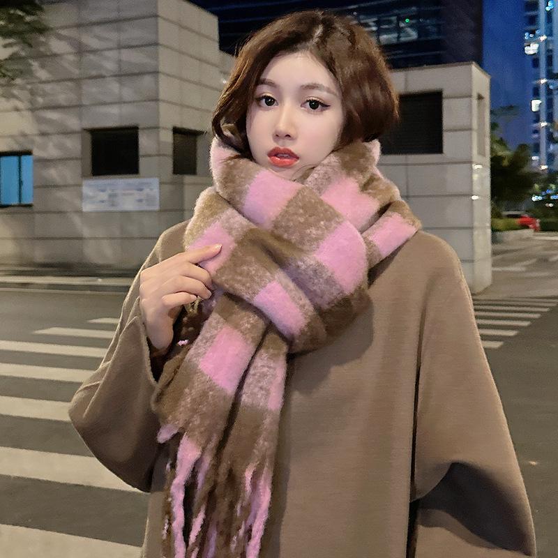 Women's Winter Mohair Plaid Scarf - Thick, Warm & Trendy Korean Style Neck Gaiter