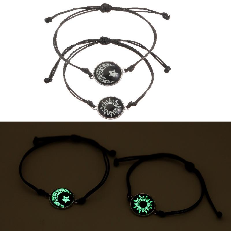 Handmade 2Pcs Luminous Sun and Moon Bracelet for Couples Friendship Women Men Woven Adjustable Stainless Steel Men Jewelry Gift