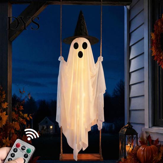Swinging Ghost for Patio Trees Luminous Halloween Hanging Swing with Witch Hat, Remote-controlled Adjustable Outdoor Party Brightness, Flying Ornament