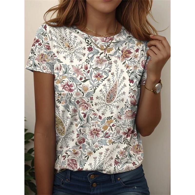 Retro Women s Flower Pattern T-shirt 3D Printed Short Sleeve T-shirt 2XS