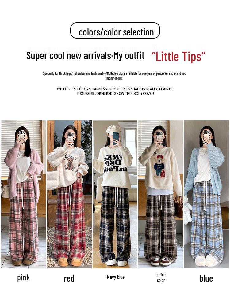 Women's Plaid Velvet-Lined Wide-Leg Pants - Autumn/Winter 2025 Retro Style